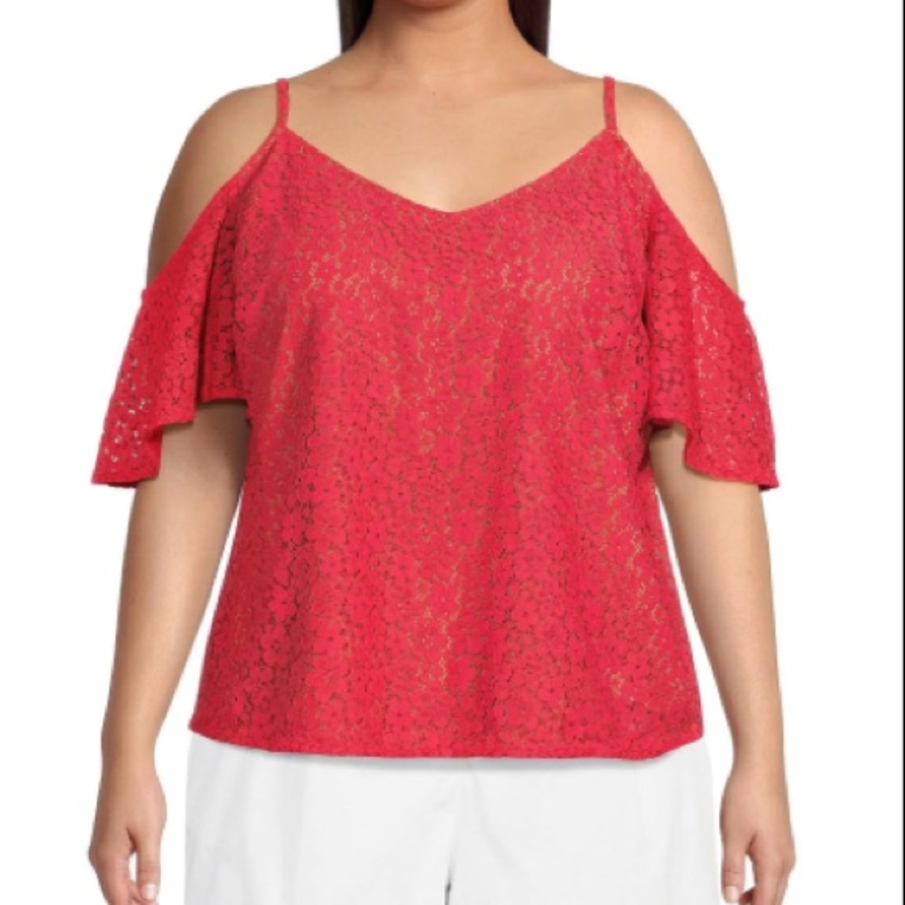 MICHAEL KORS Floral Lace Cold Shoulder Chain Top